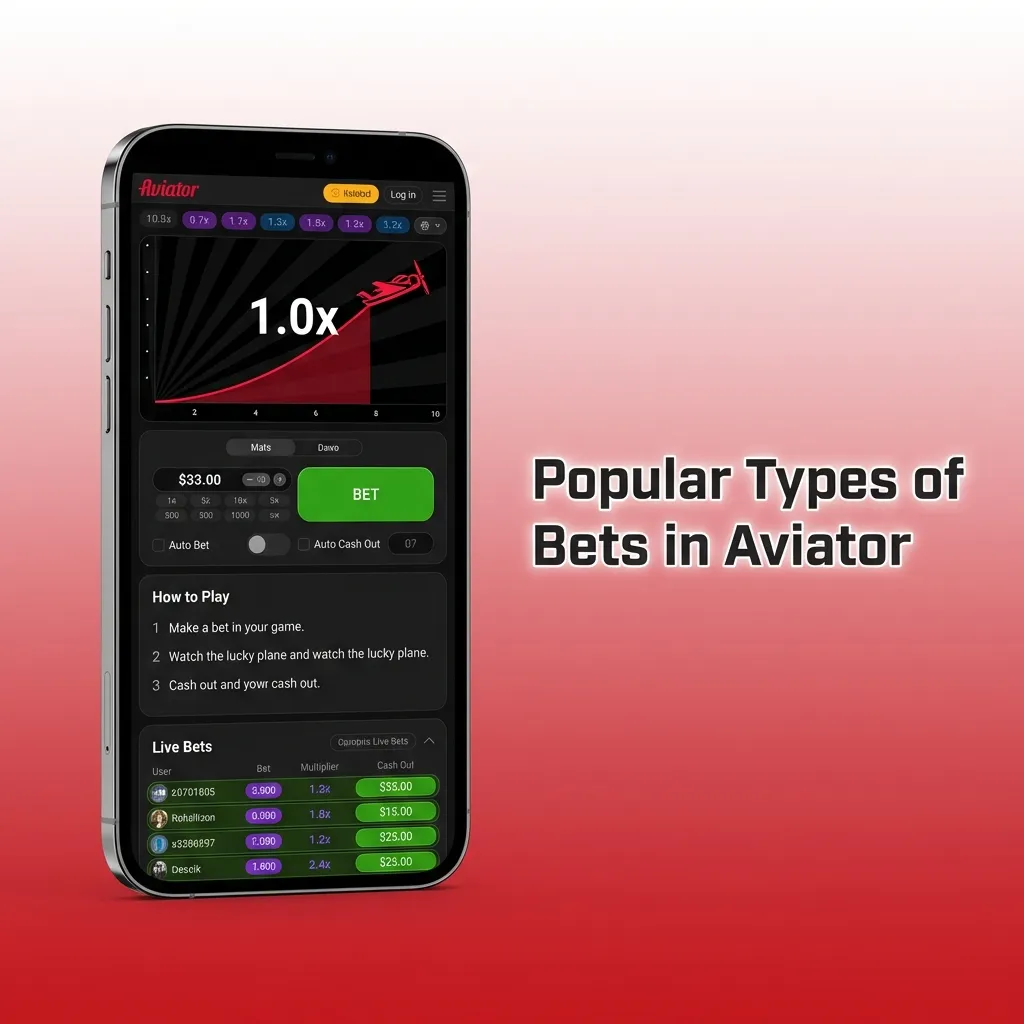 Infographic titled “Popular Types of Bets in Aviator” comparing single vs double bets and showing auto-bet and auto cashout options