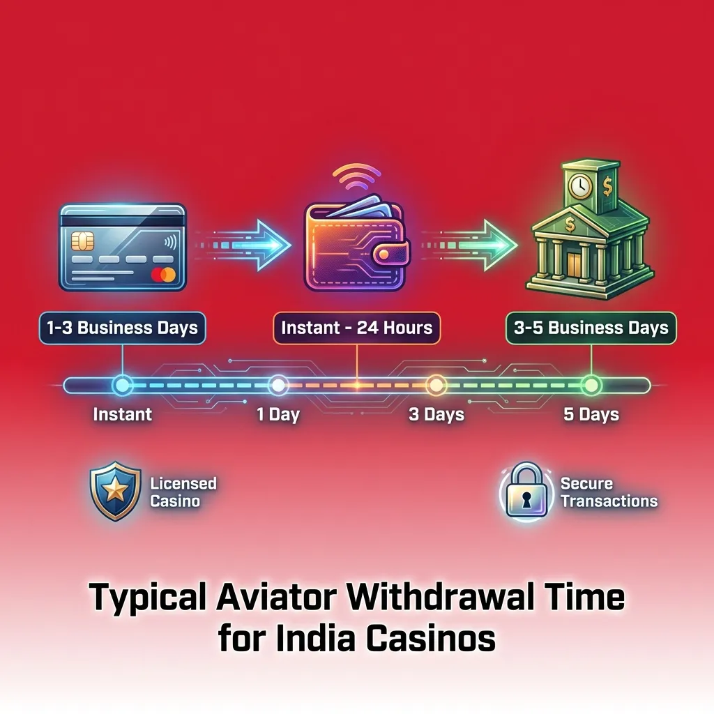 Graphic showing Aviator casino withdrawal times in India by method, from minutes for UPI to several days for bank cards